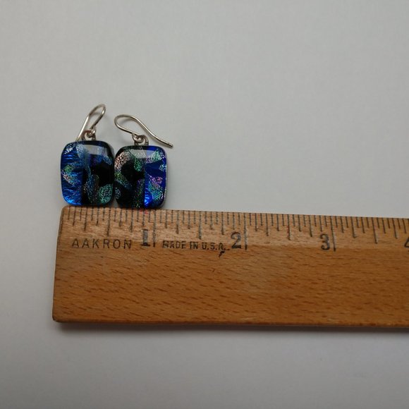 Hand Made Blue and Black Dangle Earrings With Dichroic Square Glass Beads - Picture 4 of 16